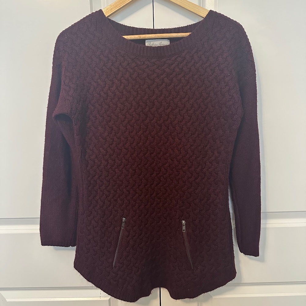Maroon Knit Sweater with Zip-Up Pockets - L